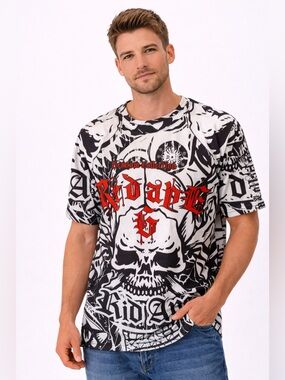 Graphic Skull Short Sleeve Tee in Black, White & Red
